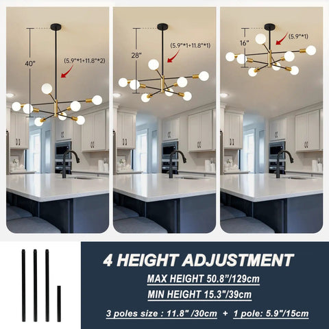 Dope Black And Gold Sputnik Chandelier 8 Light Modern Ceiling Fixture With Height Adjustable Rods in kitchen setting, 3 height options shown.