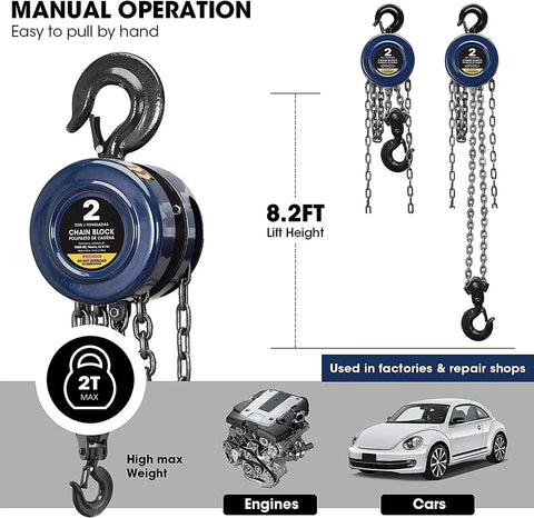 ATR9020UR 2 Ton Manual Hand Lift Chain Block Hoist With 2 Heavy Duty Hooks And 360 Degree Latch, Steel Chain, Blue