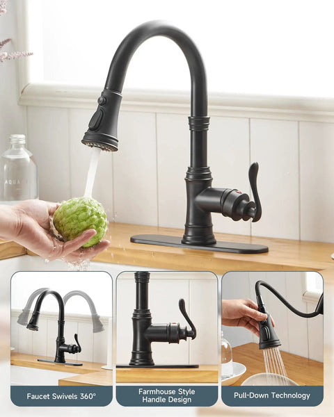 Matte Black Kitchen Sink Faucet With Pull Down Sprayer Three Outlet Modes Farmhouse Style Single Hole Mount Display