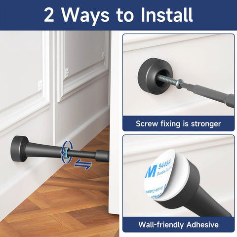 Adjustable Door Stoppers With Heavy Duty Aluminum Body And Thick Frosted Silicone showing two installation methods, screw and adhesive options.