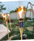 Two Pack Outdoor Tiki Torch Lights for Pathway Lighting, Refillable Garden Oil Torches, festival setup with woven design
