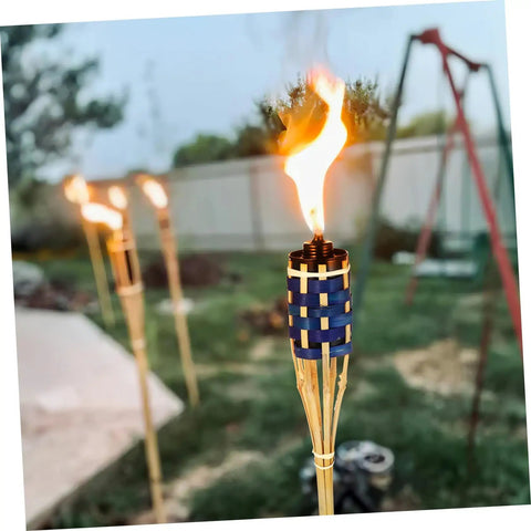 Two Pack Outdoor Tiki Torch Lights for Pathway Lighting, Refillable Garden Oil Torches, festival setup with woven design