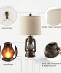 Rustic Farmhouse Lantern Table Lamps Set of 2 With USB Ports, linen shade, rotary switch with night light, vintage resin base.