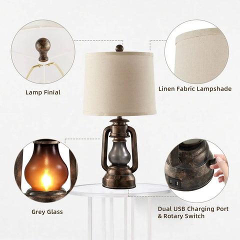 Rustic Farmhouse Lantern Table Lamps Set of 2 With USB Ports, linen shade, rotary switch with night light, vintage resin base.