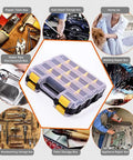 Double Sided 34 Compartment Tool Organizer Box With Removable Dividers for storing small parts, shown with various uses.