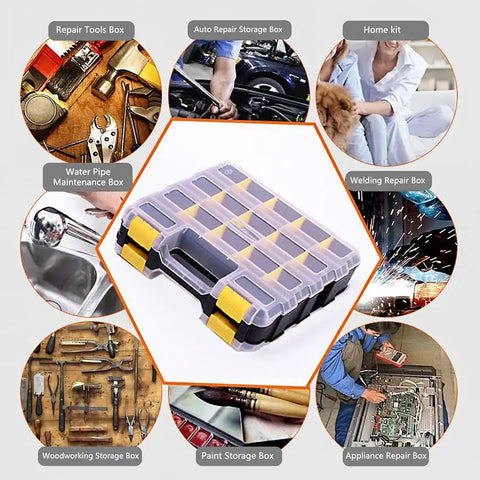 Double Sided 34 Compartment Tool Organizer Box With Removable Dividers for storing small parts, shown with various uses.