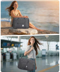 Woman carrying Underseat Travel Duffel Bag 18x14x8 Inches 25L Foldable Personal Item Carry On Luggage Denim Grey in airport terminal.