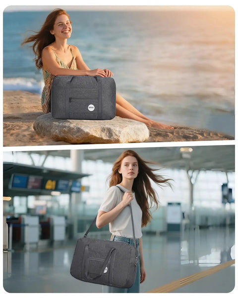 Woman carrying Underseat Travel Duffel Bag 18x14x8 Inches 25L Foldable Personal Item Carry On Luggage Denim Grey in airport terminal.