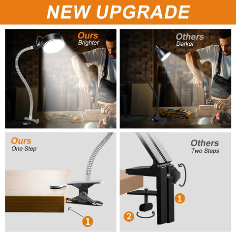 Comparison of Beast Mode Clamp Light With Flexible Clip showing brighter light and simpler installation versus a darker, complex setup.