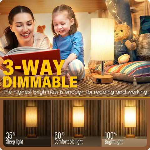 Round Fabric Shade Bedside Lamp With USB Ports And Touch Control 3 Way Dimmable Nightstand Light For Bedroom Living Room Dorm Or Home Office Corded Electric No Battery Fast Charge Phones And Tablets While You Sleep featuring adjustable brightness with images showing sleep, comfortable, and bright light settings.