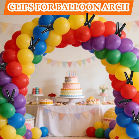 Grab This Killer 18 Pack Spring Clamps for Woodworking Pros And Balloon Decor Masters, Featuring Strong Grip Nylon Plastic Clips That Hold Tarps And Backdrops Tight With Easy Release Action For Your Next Big Craft Project Showdown. Spring clamps securing a colorful balloon arch for party decor