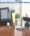 Dual view of Desk Clamp Power Strip With USB C PD, 9 Outlets And 4 USB Ports for clamp and wall mount on a wooden desk.