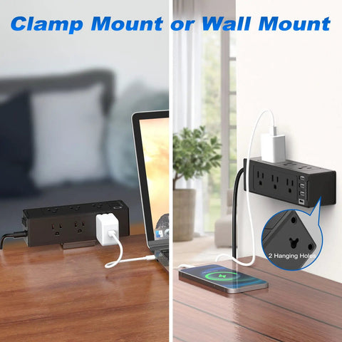 Dual view of Desk Clamp Power Strip With USB C PD, 9 Outlets And 4 USB Ports for clamp and wall mount on a wooden desk.