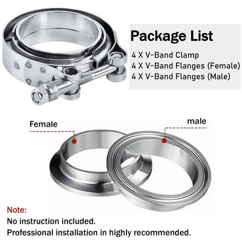 Heavy Duty 2.5 Inch Steel V Band Flange Clamp Kit 4 Piece with Flange, V Band Clamp Assembly for Exhaust Systems