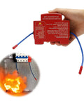Automatic Fire Extinguisher With Dual Line Din Rail Mount And Smart Heat Sensor Quits Electrical Panel Flames Cold Using Clean Non Toxic Aerosol Tech For Home Meter Boxes And Breaker Cabinets in hand with fire backdrop.