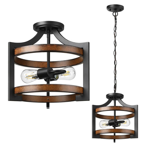 Semi Flush Mount Ceiling Light Fixture With Detachable Chain In Dope Farmhouse Metal Wood Grain Finish Two Light Pendant Style