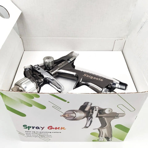 Heavy Duty Low Pressure Pneumatic Paint Spray Gun Grease Monkey Approved Build For Auto Bodywork And Furniture Finishing With One Point Three Nozzle And Six Hundred Milliliter Silver Cup in box.