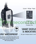 Level 2 EV Charger With Adjustable Amperage 10A 16A 20A 24A 32A 40Ft Cable EVSE Plug In For Hybrid And Electric Vehicles Real Time Display Of Amps Volts Kilowatts Temperature Safe And Secure European Version showing IP67 waterproof feature and smart display.