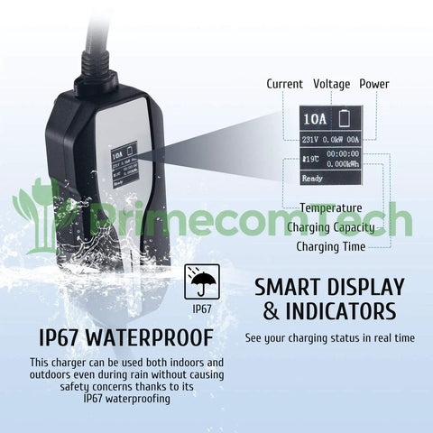 Level 2 EV Charger With Adjustable Amperage 10A 16A 20A 24A 32A 40Ft Cable EVSE Plug In For Hybrid And Electric Vehicles Real Time Display Of Amps Volts Kilowatts Temperature Safe And Secure European Version showing IP67 waterproof feature and smart display.