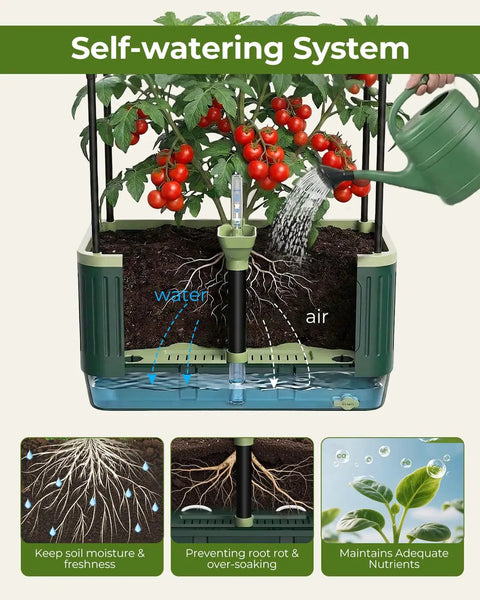 Raised Garden Bed Planter With Trellis For No Fuss Self Watering Tomatoes Climbing Plants And Veggies For Indoor Outdoor Patio Garden Great For Balcony And Yard Gardens And Aids Healthy Harvest showing self-watering system