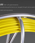 Close-up of yellow Heavy Duty Fiberglass Fish Tape 425 Ft 6MM Duct Rodder with steel frame and ABS shell description text