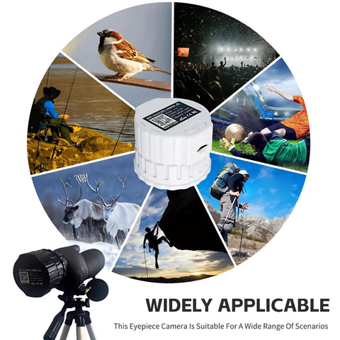 Collage showing Telescope Eyepiece Camera, 4MP Digital Camera with 2K Video Recording Via App in various use cases