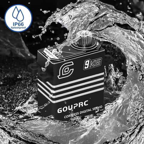 Beefy 9Kg Coreless Metal Digital Micro Servo High Torque Upgrade for RC Crawlers, splashproof IP66 with water splash graphic