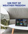 All In One Weather Station With Wireless Indoor Outdoor Thermometer And Atomic Clock Large 7.6 Inch Color Display on table