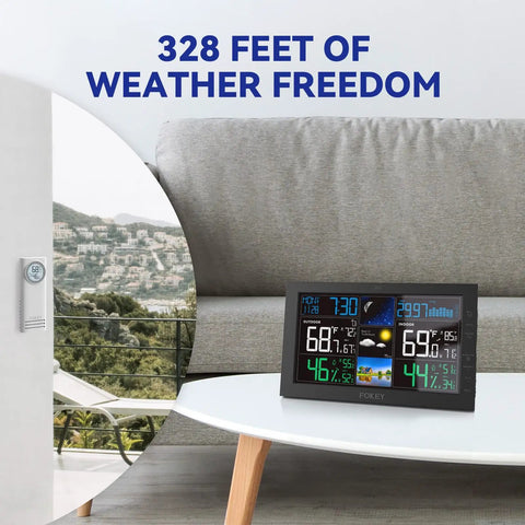 All In One Weather Station With Wireless Indoor Outdoor Thermometer And Atomic Clock Large 7.6 Inch Color Display on table