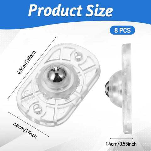 Front and side view of 8 Pcs Tiny Self Adhesive Caster Wheels Set With 360 Degree Swivel For Tight Spaces No Drill Needed Heavy Duty ABS And Stainless Steel Construction Easy Glide For Trash Cans Bins Storage Boxes Furniture And Kitchen Appliances