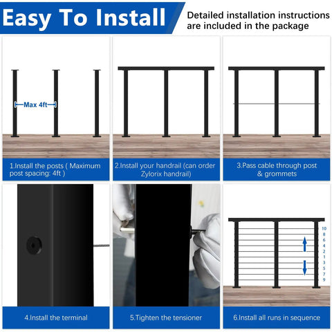 Detailed installation steps for 36 Inch Modular Cable Railing Post Kit For Deck Surface Mount With Heavy Duty Stainless Steel Wire System.