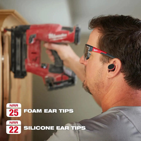 Man using Rugged USB Bluetooth Jobsite Ear Buds With RedLithium Power For Pro Contractors, Sweatproof Black Wireless Ear Buds
