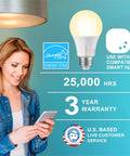 Zigbee Smart Light Bulbs 8 Pack With Hub Required For Your Smart Home displayed with features and a woman holding a phone.