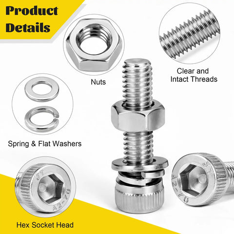 Top Shelf M4 Hex Socket Screw Assortment Kit With 490 Metric Sizes From Six To Thirty Millimeters showing stainless steel nuts and washers.