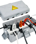 Heavy Duty Weatherproof Outdoor Electrical Box And Extension Cord Cover With Six Rugged Cable Ports showing open design with multiple plugs.