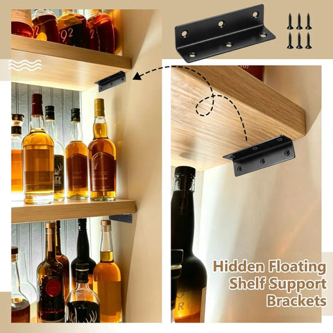 Bar shelf with bottles supported by a hidden black bracket, part of 20 Pack Heavy Duty Metal L Brackets For Wood With Screws