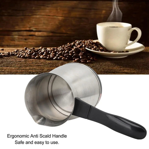 Electric Turkish Coffee And Tea Maker 600ml Capacity 600W Stainless Steel Pot With Anti Scald Handle shown alongside coffee cup.