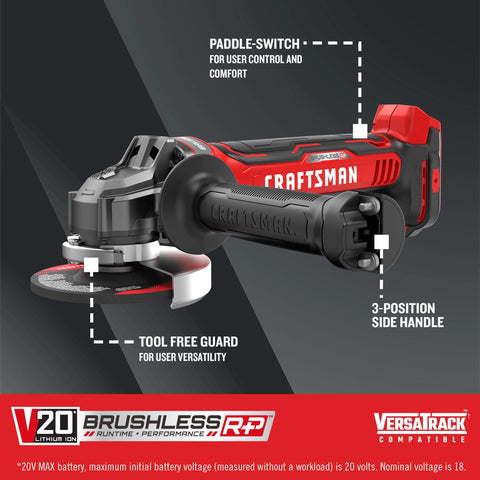 V20 Cordless 4-1/2 Inch Angle Grinder Bare Tool With Brushless Motor Up To 65 Percent More Power, Paddle Switch, and Tool-Free Guard