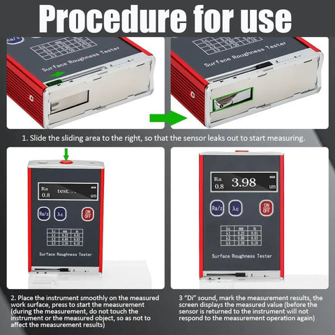 Image showing the procedure for using a Portable Roughness Tester On The Go With Ultra High Precision 0.01 μm.