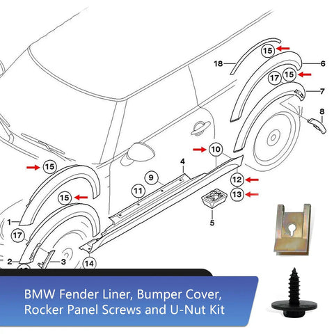40 Piece Car U Clip Screw Kit With Self Tapping Screws For Fender Liner Bumpers And Body Panels, diagram and parts.