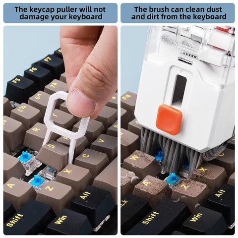 All In One Keyboard Cleaning Kit For Laptops And PCs With Retractable Brush Soft Cloths Keycap Puller Lens Pen Flocking Sponge And More The Ultimate Electronic Cleaner Kit For iPhone iPad MacBook Earbuds Cameras Monitors Patented Design showing keycap puller and brush in use on a keyboard.