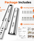 30 Inch Heavy Duty Side Mount Drawer Slides With 250 Lb Load Rating And Full Extension Pullout Rails For Pantries Garages And Rvs installation guide and mounting hardware.