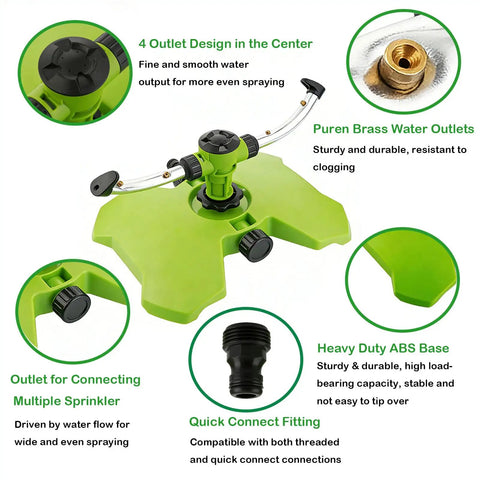 Heavy Duty Two Arm Sprinkler With Brass Nozzle For Big Yards And Gardens 360 Degree Automatic Rotary Lawn Irrigation System, with base and connectors highlighted