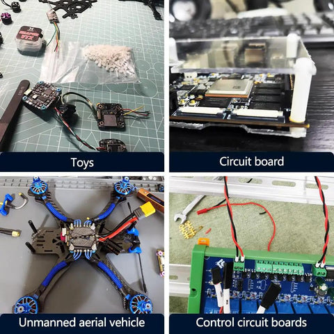 Close-up of electronics and circuit board components with bolts and nuts kit for microcontroller and PCB projects use.
