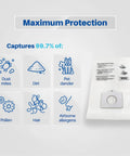 Vacuum bag showing features of removing dust mites, dirt, pet dander with text 'Maximum Protection' for 12 Pack Vacuum Bags For Kenmore Q C 5055 50557 50558 400 Series 600 Series And Panasonic C5 Canister Vacuums, Two Ply Micro Filtration Type C Bags, Perfect Fit Easy Change, Superior Dust Containment For Home Cleanups.