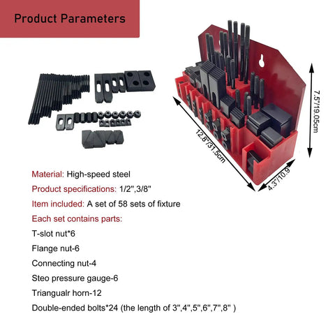 1/2 Inch T-Slot Clamping Kit, 58-Piece Milling Machine Fixture Set With Nuts, Bolts, Horns And Gauges displayed with packaging