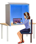 Kick Echo Down And Grab Crisp Audio Now With This Foldable Mic Shield That Doubles As A Portable Soundproof Booth Cube For Desk Podcast Recording with user at a desk.