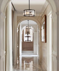 Crystal Drum Pendant Light Fixture With 3 Lights In Black Finish Adjustable Height in elegant hallway setting