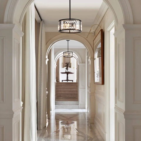 Crystal Drum Pendant Light Fixture With 3 Lights In Black Finish Adjustable Height in elegant hallway setting