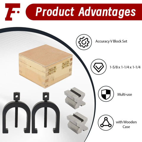 Heavy Duty Hardened Steel V Block With Clamp Set For Machinists Built Tough Pro Grade For Precise 0.0002 Inch 90 Degree Angles And Square Workpieces 1 5/8 By 1 1/4 By 1 1/4 Multi Use Gauge In Wooden Case in wooden case